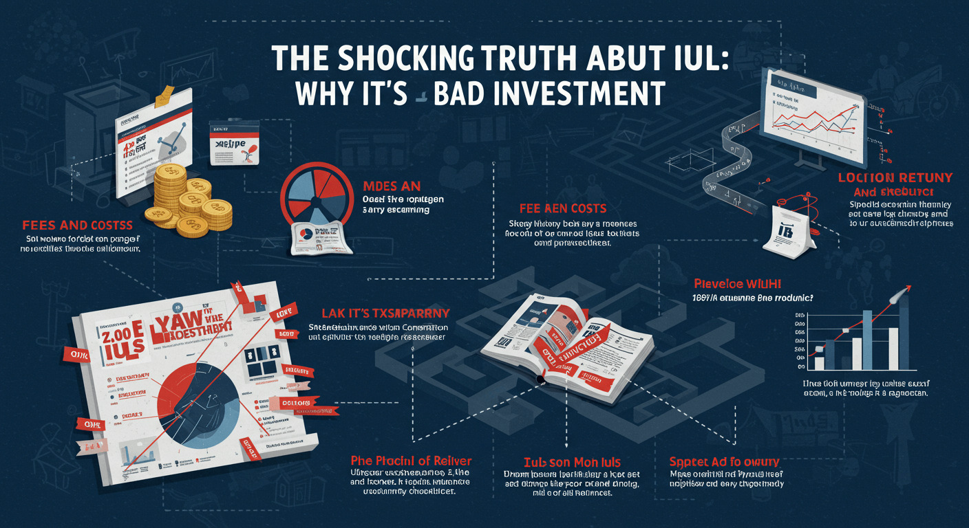 The shocking truth about Indexed Universal Life (IUL) insurance: Why it's a bad investment. An infographic exposing hidden fees, low returns, and financial risks compared to better wealth-building alternatives.