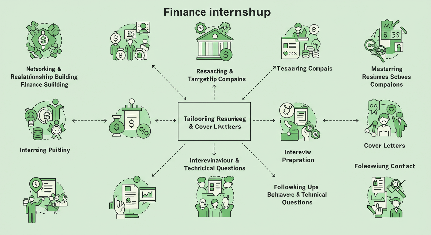 A professional illustration showing a checklist with key steps to landing a finance internship, including resume building, interview prep, and networking. The image features a person holding a document labeled 'Finance Internship Guide' in front of a backdrop of financial charts, skyscrapers (symbolizing firms like Goldman Sachs and J.P. Morgan), and icons representing skills like financial modeling, Excel, and teamwork. Arrows and progress bars highlight the step-by-step process, emphasizing deadlines, mentorship, and career growth