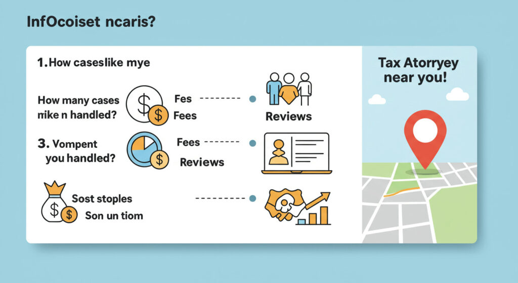 Infographic checklist of 5 critical questions to ask before hiring a tax attorney near you, covering credentials, fees, case experience, references, and communication style.